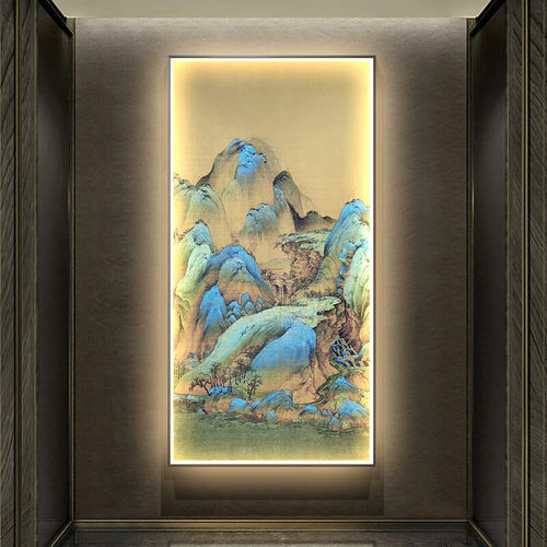 千里江山图玄关装饰画竖版LED灯画高档大气走廊过道挂画客厅壁画