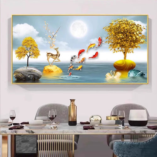 招财九鱼图餐厅装饰画现代简约饭厅新中式墙面挂画酒杯餐桌墙壁画