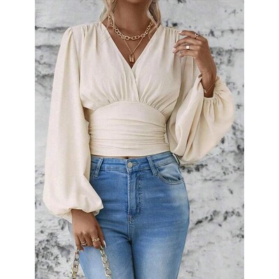 Womens Long Sleeve V Neck Puff Sleeve Top Casual Fitted