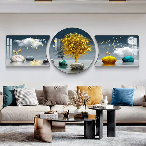 轻奢壁画北欧麋鹿客厅装饰画现代挂画钻石晶瓷画沙发背景墙三联画