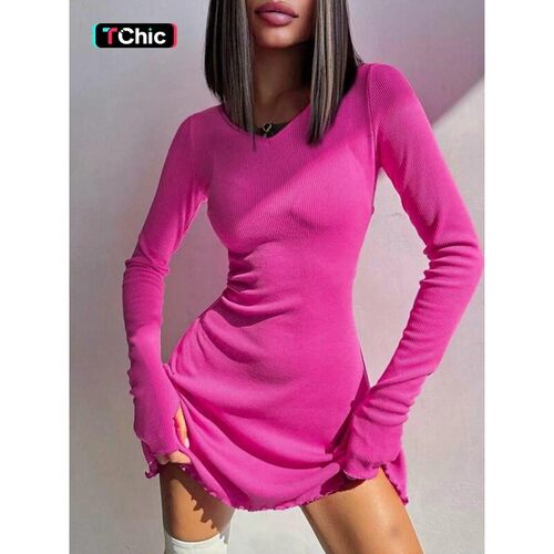 Womens Plain Basic Lettuce Trim V Neck Ribbed A Line Dress