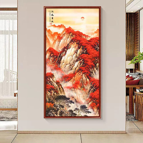 鸿运当头玄关装饰画山水画客厅背景墙走廊挂画办公室书房国画壁画