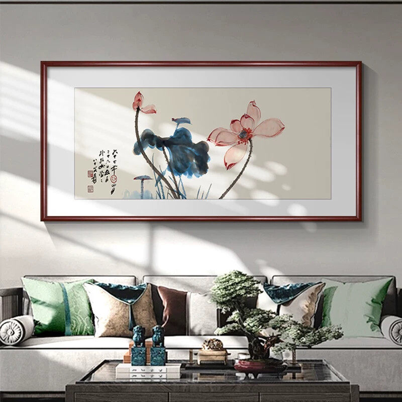 张大千荷花图装饰画新中式客厅沙发背景墙水墨画挂画书房茶室壁画