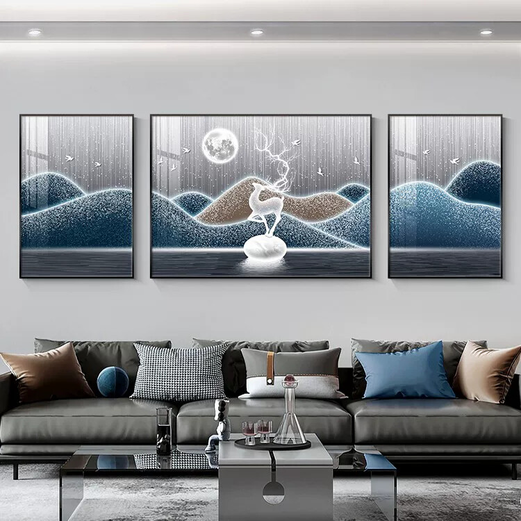 福鹿山水客厅装饰画轻奢高级感沙发背景墙蓝色抽象三联挂画寓意好