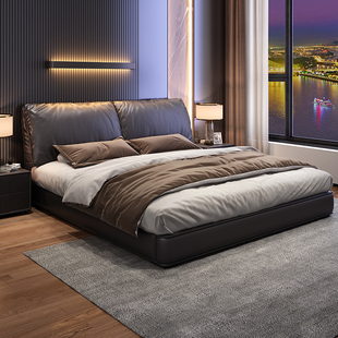 源氏木语大象耳朵真皮床头层牛皮双人主卧大床2米x2米2现代简约黑