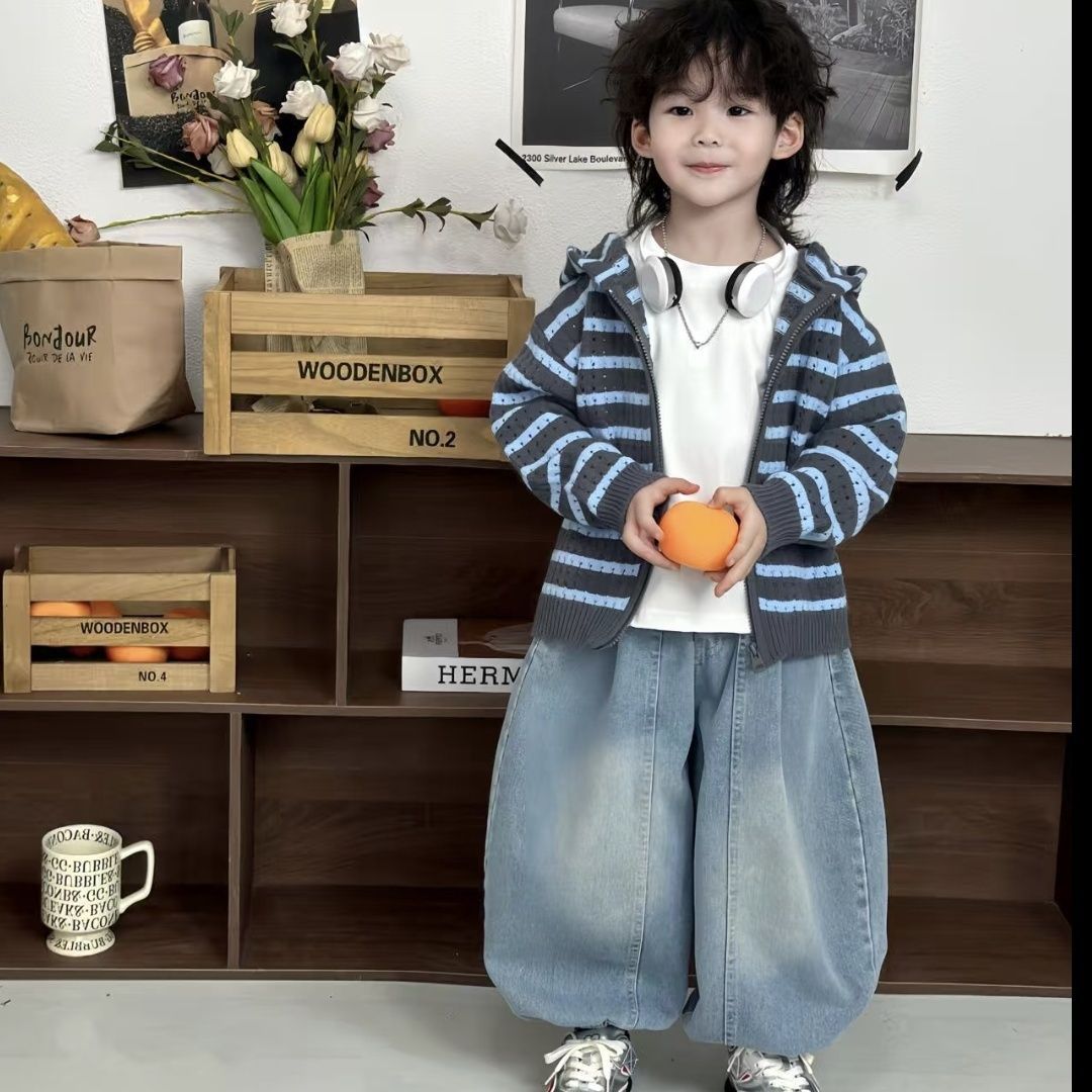 男童2026春新款条纹毛线开衫宝宝百搭纯色短袖T恤儿童灯笼牛仔裤图片