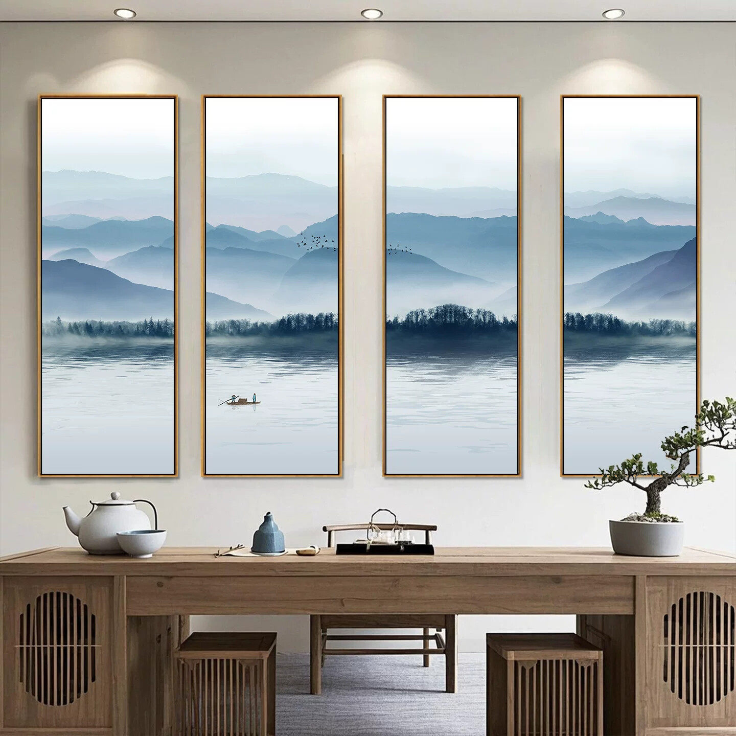 客厅装饰画新中式山水挂画禅意水墨壁画中国风办公室茶室四联墙画