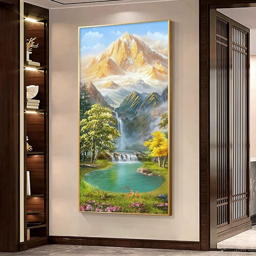 入户正对门玄关装饰画聚宝盆山水画客厅进门挂画轻奢走廊过道壁画