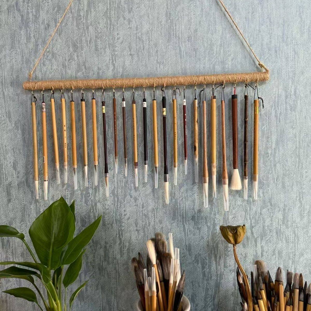 实木手工木质毛笔挂装饰品挂架杯架创意文艺挂钩麻绳复古毛笔挂