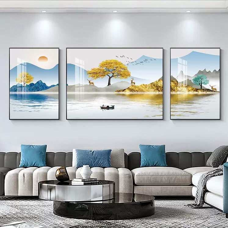 客厅装饰画三联画新中式高级感沙发背景墙挂画山水现代简约壁画