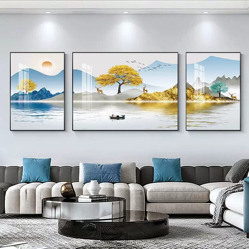 客厅装饰画三联画新中式高级感沙发背景墙挂画山水现代简约壁画