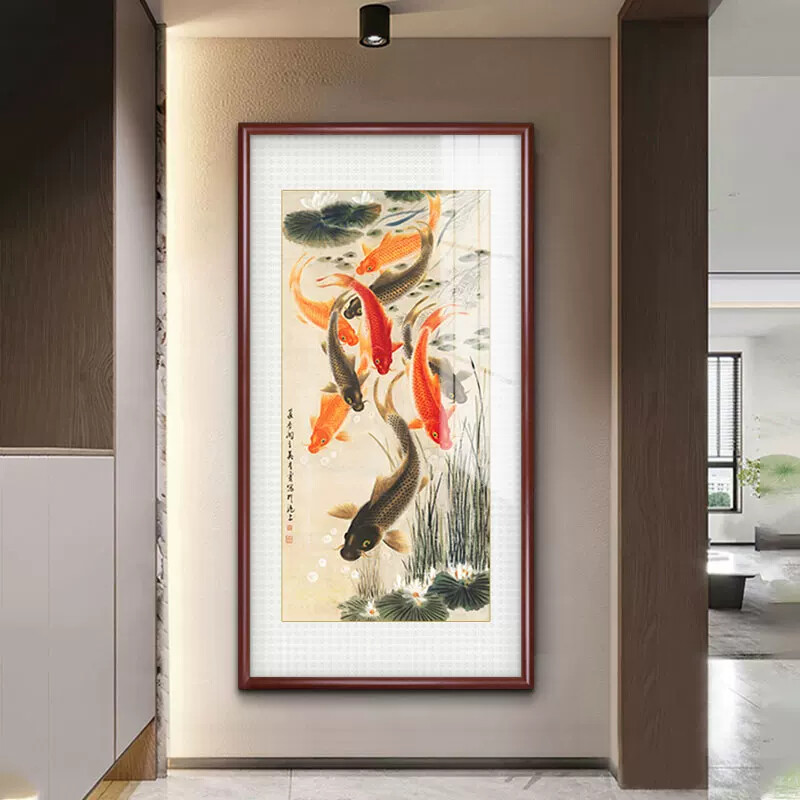 九鱼图玄关装饰画入户走廊过道尽头壁画中式实木框横竖版挂画招财