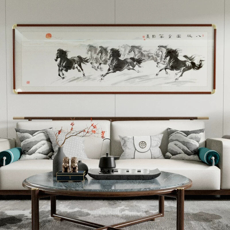 八骏图客厅挂画装饰画马到成功挂画墙壁画骏马图办公室国画装饰画