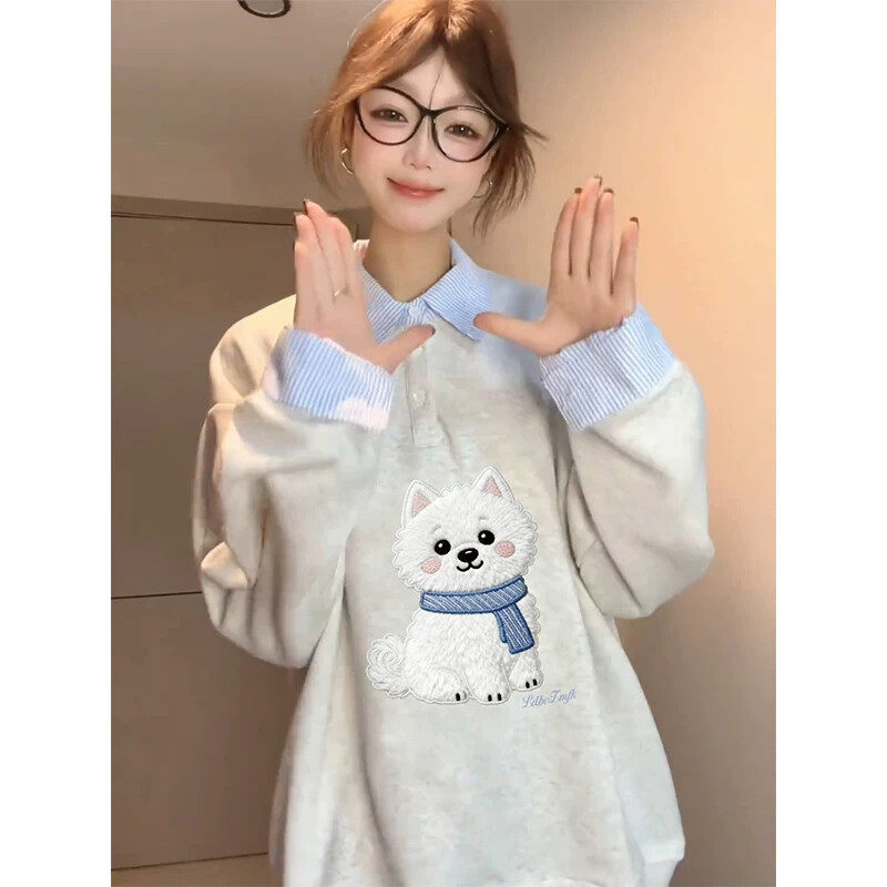刺绣小狗拼接衬衫假两件卫衣女秋冬薄款宽松无帽上衣设计感小众潮