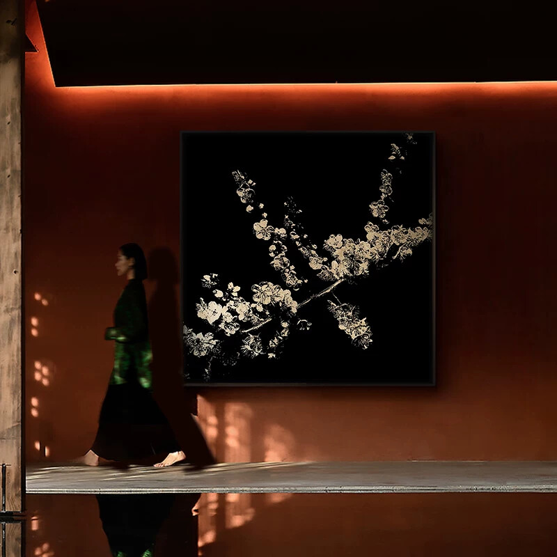 中式客厅浮雕肌理装饰画饭厅黑金高级感立体挂画梅花方形背景壁画