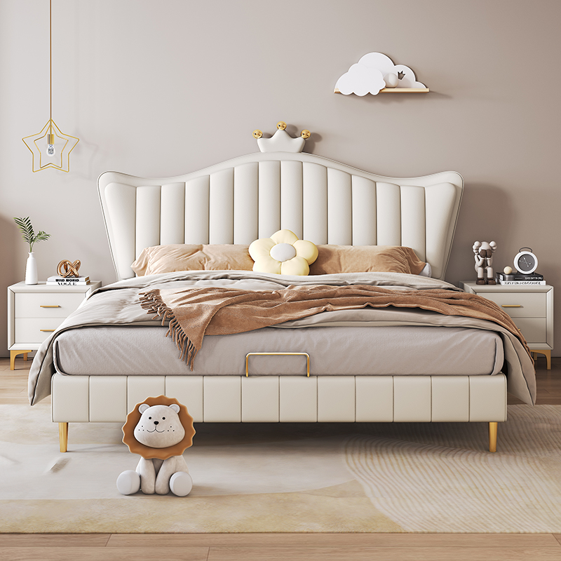 喜临门奶油风儿童床女孩现代简约白色皇冠公主床软包真皮卧室1米5