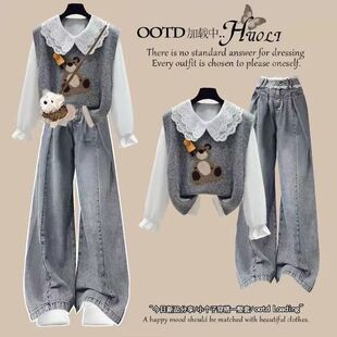 女童2025春秋新款中大童娃娃衬衫马甲洋气牛仔裤学院风高中生女装