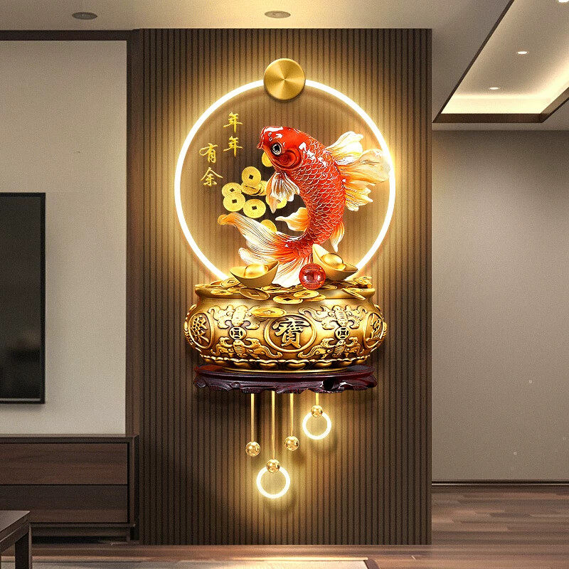 新中式聚宝盆客厅电视格栅装饰挂件锦鲤年年有余玄关背景墙壁画灯