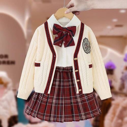 女童JK套装针织衫连衣裙8时髦3件套学生装12岁儿童学院毛衣制服裙