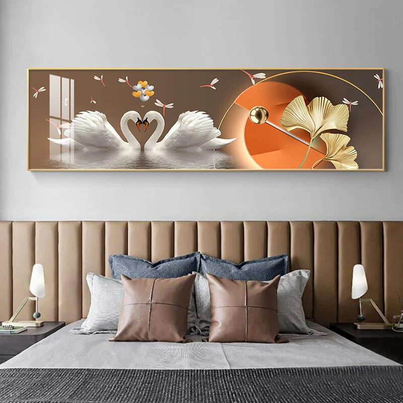 现代简约床头装饰画 卧室高级感长条形挂画 晶瓷工艺金属框