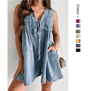 Womens Embroidered VNeck Sleeveless Mini Denim Dress Casual