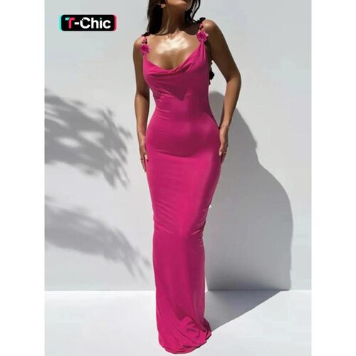 Womens Plain Flower Decor Backless Cowl Neck Cami Dress
