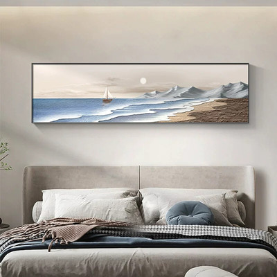 侘寂风海边风景卧室装饰画横版床头挂画肌理高级感客厅背景墙壁画