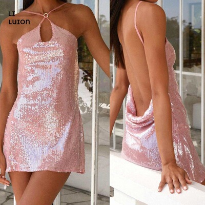 Women Mini Dress Sequins Sleeveless Spaghetti Strap Dress