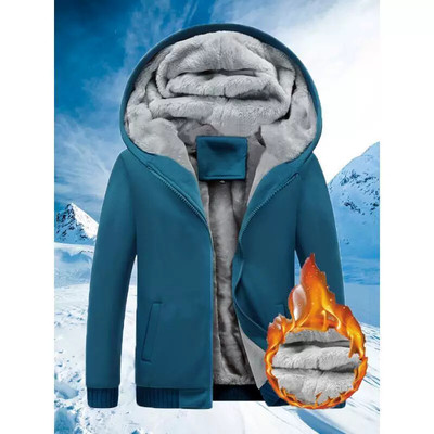 Winter Warm Velvet Zipper Hooded Jacket Color Block Casual