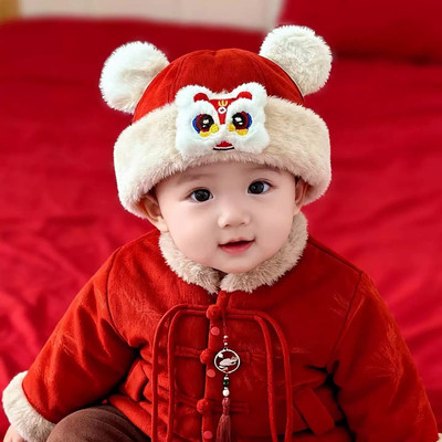 宝宝帽子秋冬季加厚红色耶诞新年可爱儿童地主帽保暖中国风醒狮帽
