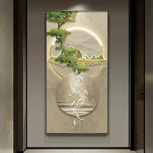 九鱼石头靠山晶瓷画走廊玄关装饰画竖版新中式过道LED树背景挂画