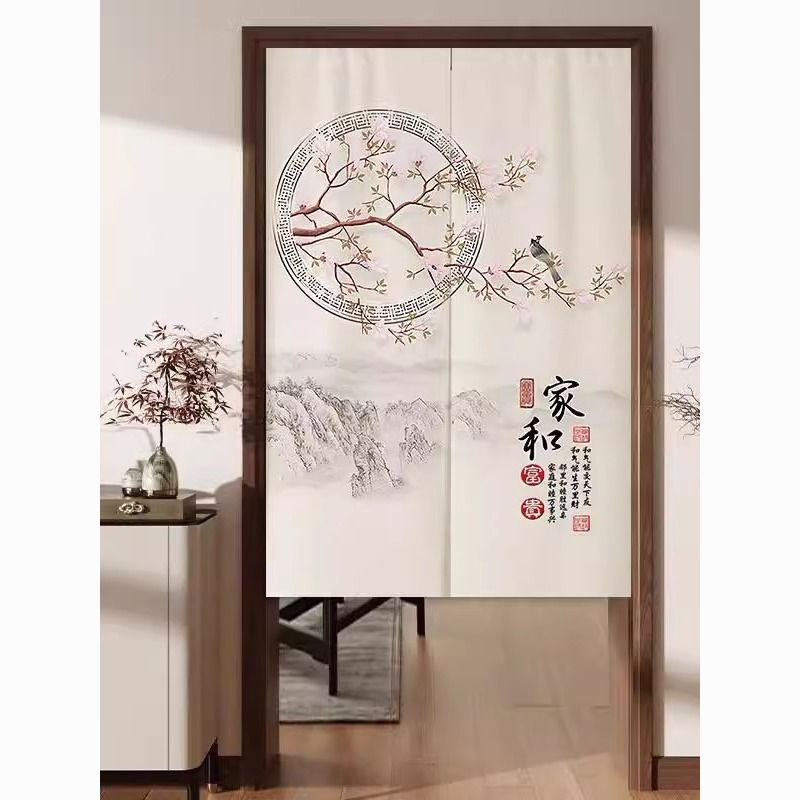 中式花鸟门帘隔断帘厕所遮挡短帘厨房卧室装饰布艺帘子免打孔安装