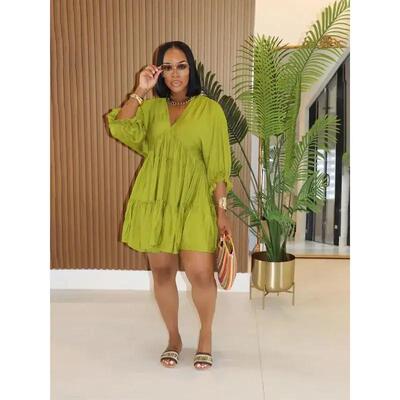 Womens Casual VNeck ShortSleeve Pleated Dress Loose Waist