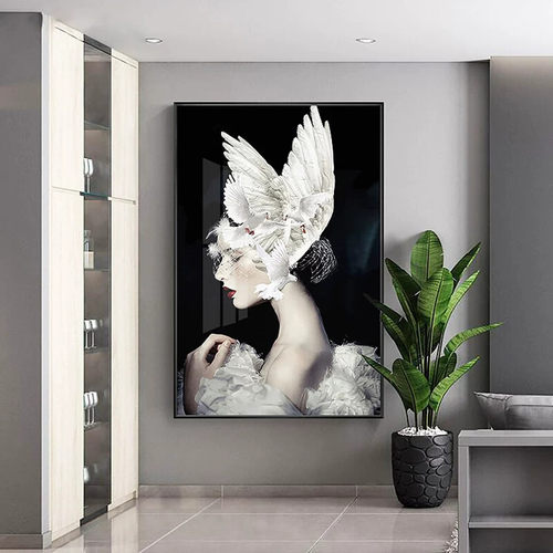 轻奢羽毛人物美女玄关挂画餐厅卧室墙壁画现代高级感美容院装饰画