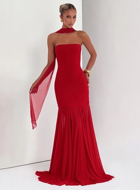 Elsa欧美女装新款纯色优雅无袖雪纺拼接抹胸飘带红色连衣裙礼服女