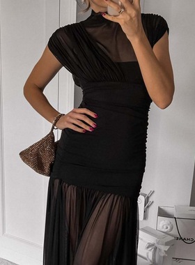 Elsa新款时尚性感名媛风收腰辣妹拼接网纱纯欲包臀长款连衣裙礼服