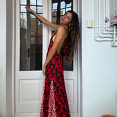 elsa欧美夏季 新款 波点拼接绑带休闲连衣裙辣妹性感露背挂脖长裙女