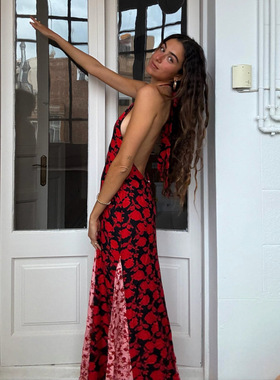 elsa欧美夏季新款波点拼接绑带休闲连衣裙辣妹性感露背挂脖长裙女