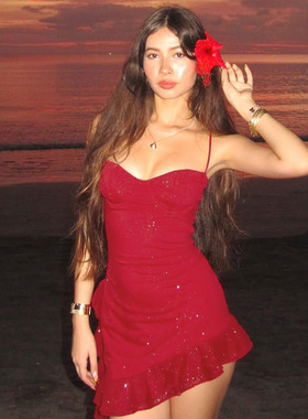 elsa欧美ins新款清新甜美沙滩裙修身性感荷叶边亮片吊带连衣裙女