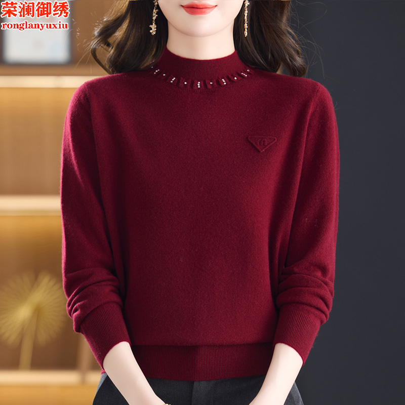 半高领羊毛绒衫女时尚钉珠针织上衣中老年妈妈装宽松毛衣打底衫厚