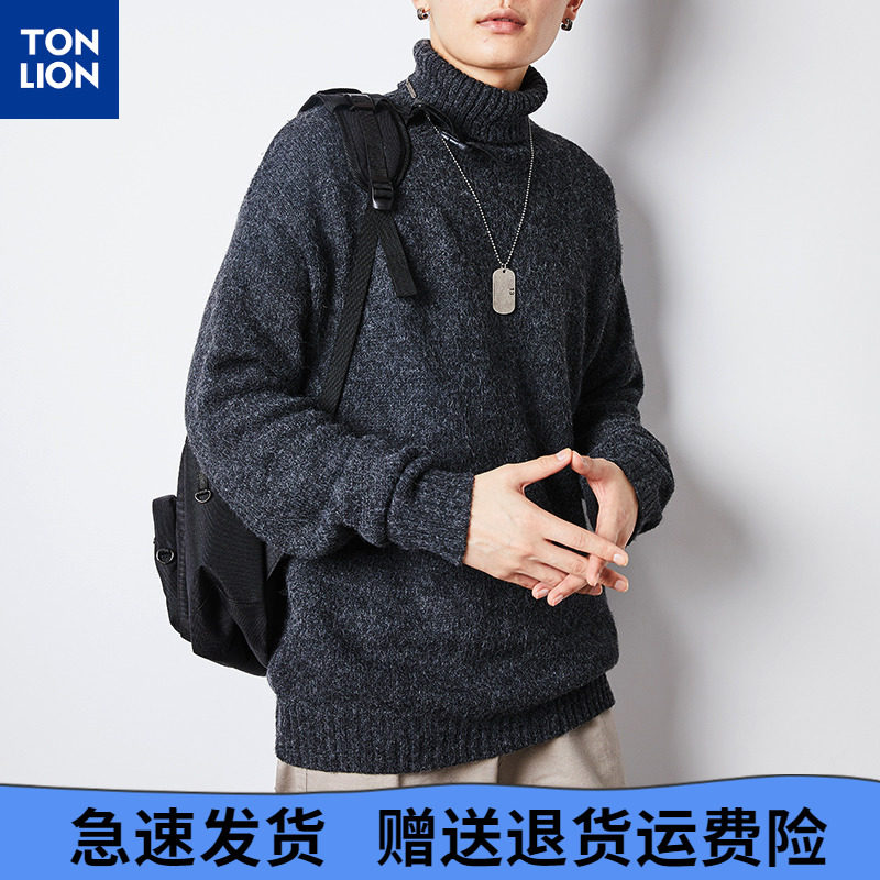 唐狮2020冬季新款毛衣男士高领花纱厚款潮青年外穿针织毛衫青年