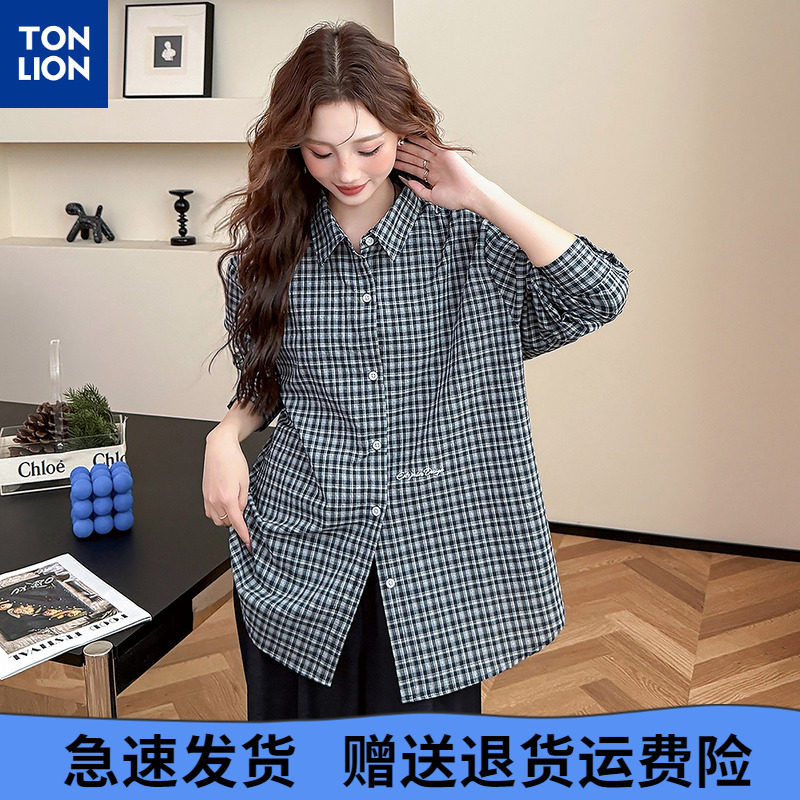 唐狮春秋2025格纹衬衫女长袖藏青时尚百搭休闲宽松气质好看衬衣BL