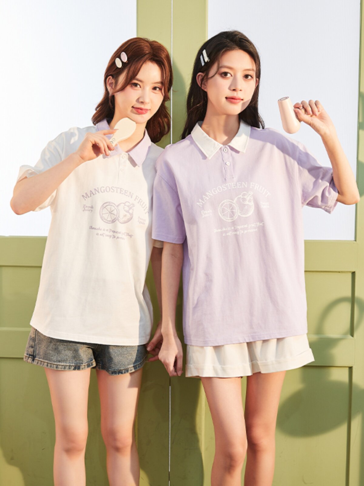 TANG LION 2024 SUMMER NEW WOMENS POLO COLLAR SHORT SLEEVE T-SHIRT CHEST FRUIT CARTOON CUTE SPLICING GIRLFRIEND CASUAL