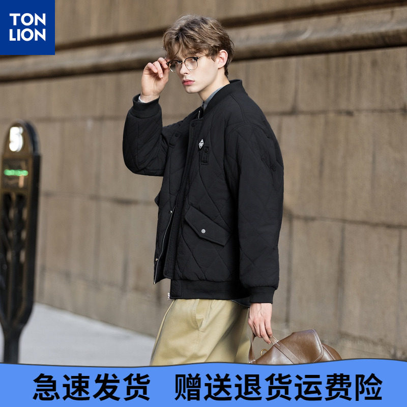 唐狮2025秋冬季男棒球领短款棉衣菱形格设计感时尚百搭黑色棉服