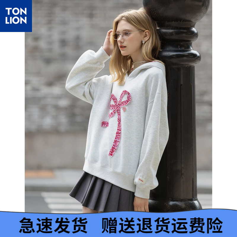 唐狮2025年秋冬款卫衣女高级感洋气蝴蝶结设计感温柔连帽套头卫衣