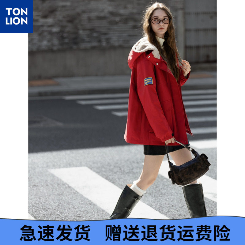 唐狮2025秋冬季加厚外套女仿兔毛拼接连帽短款防寒保暖红色棉衣