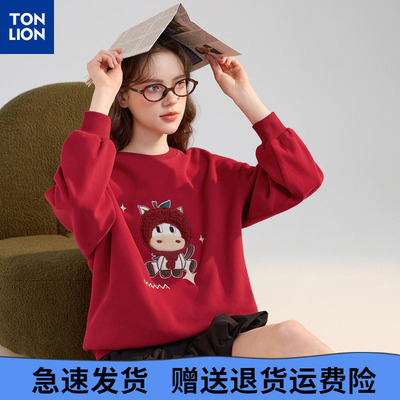 唐狮2026春装新款女卫衣圆领红色过年款套头图案可爱百搭时尚潮流