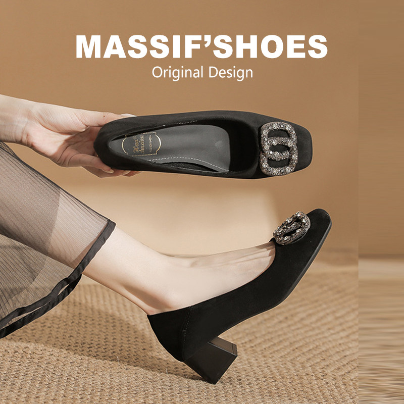 黑色高跟鞋女气质高级不累脚法式水钻粗跟百搭单鞋软底气质工作鞋