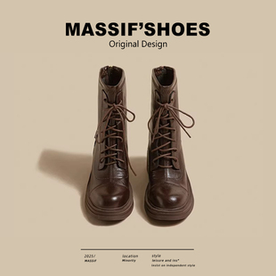 棕色马丁靴女款2026冬季新款厚底英伦风加绒短靴子软皮弹力高跟鞋