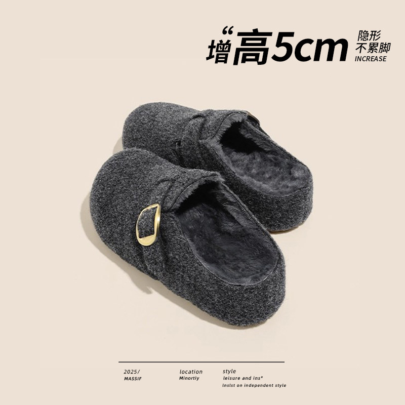 真皮厚底灰色勃肯鞋女外穿2026冬新款加绒毛毛棉鞋懒人包头半拖鞋